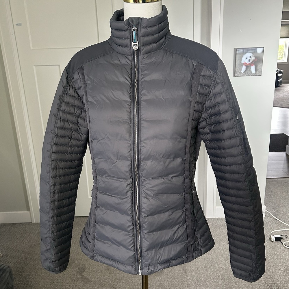 KÜHL Spyfire Womens M Black 800 Fill Goose Down Puffer Jacket Patched small flaw